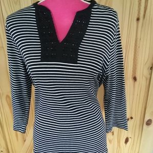 Chaps Womens size 1X Blue Stripe 3/4 Sleeve V- Neck Top